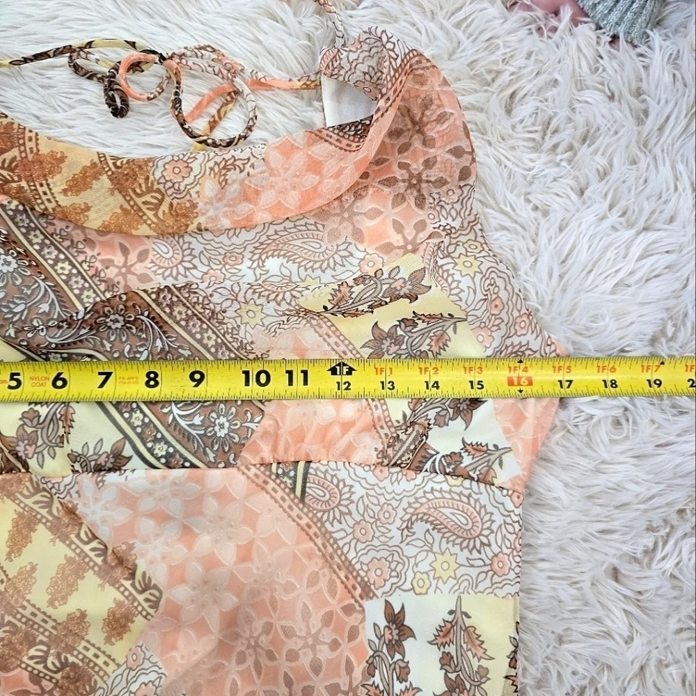 Vintage Y2k Paisley Chiffon Midi Dress size 8 Pastel Orange Cream Pink